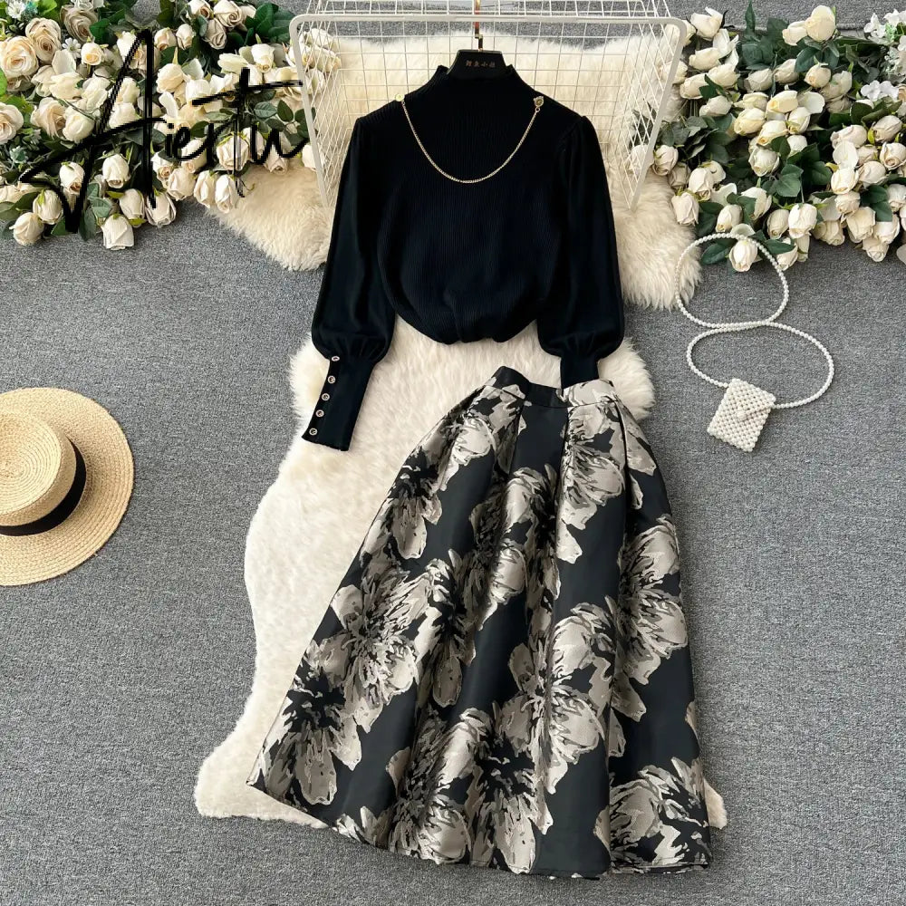 Aiertu Ladies Retro Sweater Suits Fashion Lantern Sleeve Loose Pullovers+ A Line Long Skirts Print Knitted Two Pieces Sets Aiertu