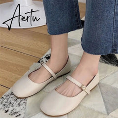 Aiertu Ladies Soft Leather Ballet Shoes Fashion Casual Round Toe Buckle Strap Loafers Women Spring Summer Sweet White Black Flats Aiertu
