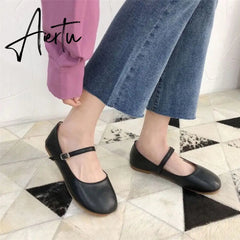 Aiertu Ladies Soft Leather Ballet Shoes Fashion Casual Round Toe Buckle Strap Loafers Women Spring Summer Sweet White Black Flats Aiertu