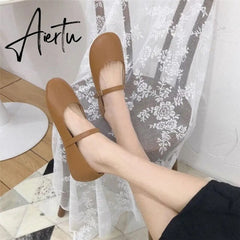 Aiertu Ladies Soft Leather Ballet Shoes Fashion Casual Round Toe Buckle Strap Loafers Women Spring Summer Sweet White Black Flats Aiertu
