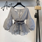 Aiertu Lantern Sleeve Blouse Shirt Women Fashion Korean Style Summer Bow V-neck Striped Shirt Elegant Ladies Tops Female Clothing Aiertu