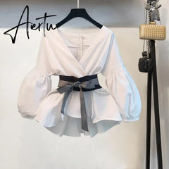 Aiertu Lantern Sleeve Blouse Shirt Women Fashion Korean Style Summer Bow V-neck Striped Shirt Elegant Ladies Tops Female Clothing Aiertu