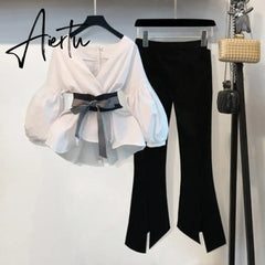 Aiertu Lantern Sleeve Blouse Shirt Women Fashion Korean Style Summer Bow V-neck Striped Shirt Elegant Ladies Tops Female Clothing Aiertu