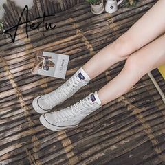 Aiertu Latest Spring Short Tube Front Lace-up Side Zipper Canvas Shoes Flat Bottom Increased Casual Shoes women sneakers Aiertu