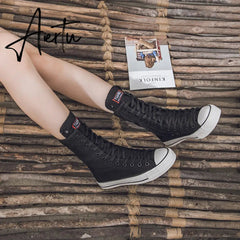 Aiertu Latest Spring Short Tube Front Lace-up Side Zipper Canvas Shoes Flat Bottom Increased Casual Shoes women sneakers Aiertu