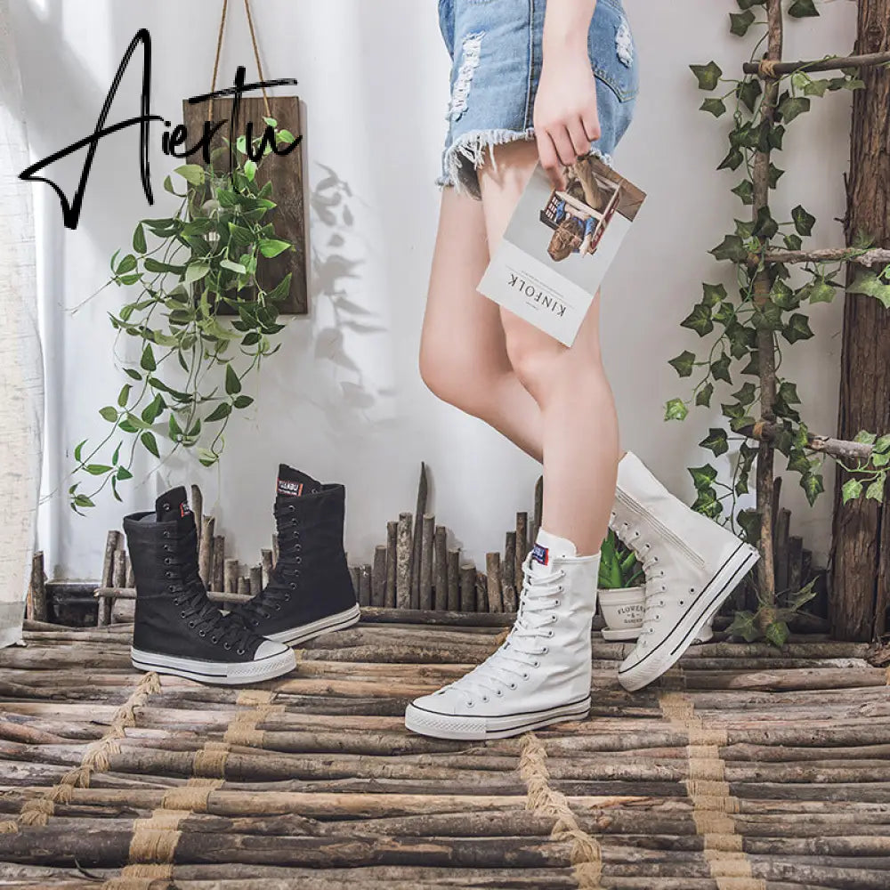 Aiertu Latest Spring Short Tube Front Lace-up Side Zipper Canvas Shoes Flat Bottom Increased Casual Shoes women sneakers Aiertu