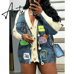 Aiertu Letter Badge Denim Patchwork Knit Cardigan Dopamine Candy Color Baggy Jackets Fall Winter Activewear High Street Outerwear Aiertu