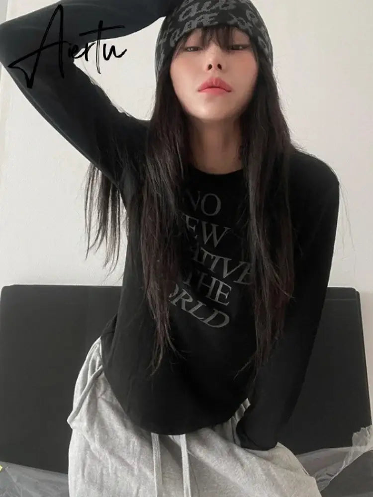 Aiertu Letter Print Long Sleeve Tee Shirts Femme Casual Y2k All Match O Neck T-shirt Vintage Streetwear Harajuku Women Tshirts Korean Aiertu