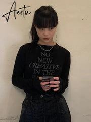 Aiertu Letter Print Long Sleeve Tee Shirts Femme Casual Y2k All Match O Neck T-shirt Vintage Streetwear Harajuku Women Tshirts Korean Aiertu