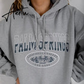 Aiertu Letter Print Sweatshirt Vintage Women Hoodies Gray Cotton Warm Fleece Winter Pullovers Autumn New Casual Streetwear Girls Aiertu
