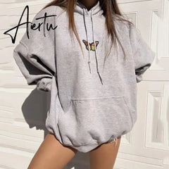 Aiertu Letter Print Sweatshirt Vintage Women Hoodies Gray Cotton Warm Fleece Winter Pullovers Autumn New Casual Streetwear Girls Aiertu
