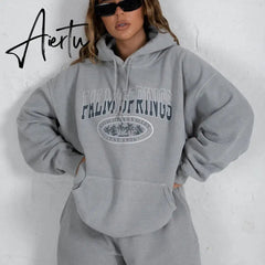Aiertu Letter Print Sweatshirt Vintage Women Hoodies Gray Cotton Warm Fleece Winter Pullovers Autumn New Casual Streetwear Girls Aiertu