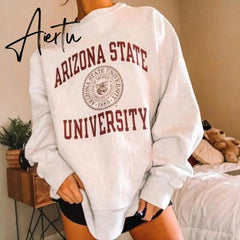 Aiertu Letter Print Sweatshirt Vintage Women Hoodies Gray Cotton Warm Fleece Winter Pullovers Autumn New Casual Streetwear Girls Aiertu