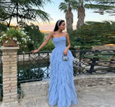 Aiertu Light Blue Prom Dress Multiple Layers Of Tulle Evening Dress Strapless A-line Wedding Party Dress Aiertu