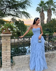 Aiertu Light Blue Prom Dress Multiple Layers Of Tulle Evening Dress Strapless A-line Wedding Party Dress Aiertu