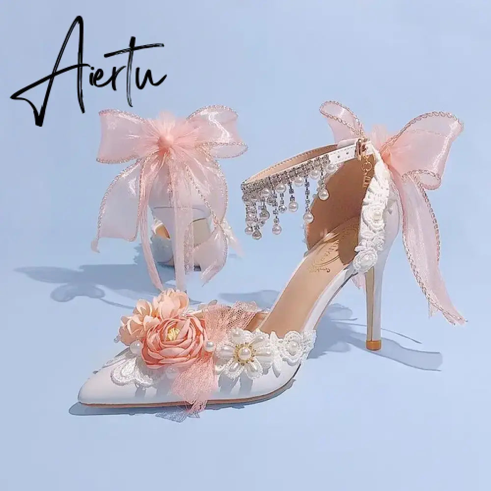 Aiertu Lolita Brode Shoes New Pearl Rhinestone Pink High Heels for Women Sweet Flower Knot Bridal Wedding Shoes Aiertu