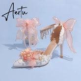 Aiertu Lolita Brode Shoes New Pearl Rhinestone Pink High Heels for Women Sweet Flower Knot Bridal Wedding Shoes Aiertu