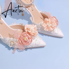 Aiertu Lolita Brode Shoes New Pearl Rhinestone Pink High Heels for Women Sweet Flower Knot Bridal Wedding Shoes Aiertu