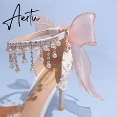 Aiertu Lolita Brode Shoes New Pearl Rhinestone Pink High Heels for Women Sweet Flower Knot Bridal Wedding Shoes Aiertu