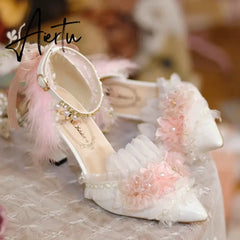 Aiertu Lolita Flower Wedding Shoes One Night Story Lolita Shoes Pink Pointed Versatile Mid Heel High Heel Slim Heel Shoes Aiertu