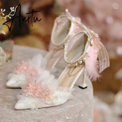 Aiertu Lolita Flower Wedding Shoes One Night Story Lolita Shoes Pink Pointed Versatile Mid Heel High Heel Slim Heel Shoes Aiertu