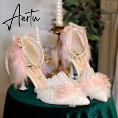 Aiertu Lolita Flower Wedding Shoes One Night Story Lolita Shoes Pink Pointed Versatile Mid Heel High Heel Slim Heel Shoes Aiertu