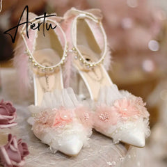 Aiertu Lolita Flower Wedding Shoes One Night Story Lolita Shoes Pink Pointed Versatile Mid Heel High Heel Slim Heel Shoes Aiertu