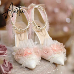 Aiertu Lolita Flower Wedding Shoes One Night Story Lolita Shoes Pink Pointed Versatile Mid Heel High Heel Slim Heel Shoes Aiertu