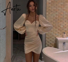 Aiertu Long Lantern Sleeve Solid Square Collar Ruched Zip Up Patchwork Mini Dress Spring Summer Women Elegant Partywear Spring pretty girl outfits Aiertu