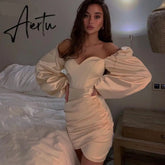Aiertu Long Lantern Sleeve Solid Square Collar Ruched Zip Up Patchwork Mini Dress Spring Summer Women Elegant Partywear Spring pretty girl outfits Aiertu