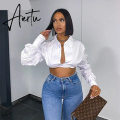 Aiertu Long Puff Sleeve Solid Botton Ruched Patchwork Tshirt Top Autumn Winter Women Fashion Sexy Party Club Outfits Aiertu