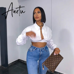 Aiertu Long Puff Sleeve Solid Botton Ruched Patchwork Tshirt Top Autumn Winter Women Fashion Sexy Party Club Outfits Aiertu
