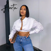 Aiertu Long Puff Sleeve Solid Botton Ruched Patchwork Tshirt Top Autumn Winter Women Fashion Sexy Party Club Outfits Aiertu