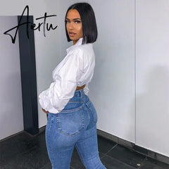 Aiertu Long Puff Sleeve Solid Botton Ruched Patchwork Tshirt Top Autumn Winter Women Fashion Sexy Party Club Outfits Aiertu