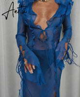 Aiertu Long Sleeve Blue Maxi Summer Beach Dress Ruffle Bandage Mesh Club Party Sexy Dresses Women Outfit See Though Y2K 90’S Aiertu