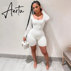 Aiertu Long Sleeve Bodycon Stretchy Playsuit Summer Women Fashion Streetwear Outfits Romper White Body Aiertu