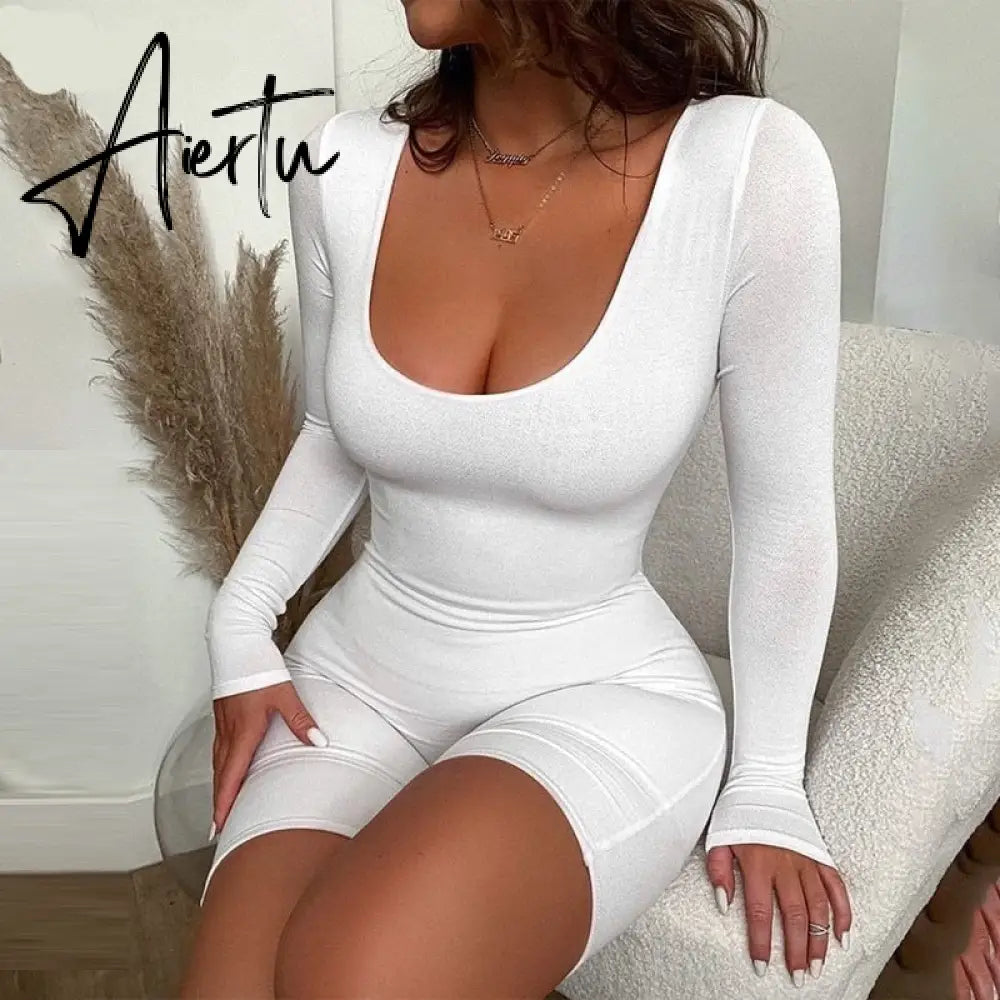 Aiertu Long Sleeve Bodycon Stretchy Playsuit Summer Women Fashion Streetwear Outfits Romper White Body Aiertu