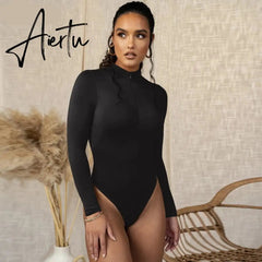 Aiertu long sleeve front zipper v neck women sexy body high stretchy basic bodysuit Aiertu