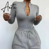 Aiertu long sleeve front zipper v neck women sexy body high stretchy basic bodysuit Aiertu