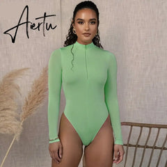 Aiertu long sleeve front zipper v neck women sexy body high stretchy basic bodysuit Aiertu