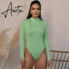 Aiertu long sleeve front zipper v neck women sexy body high stretchy basic bodysuit Aiertu