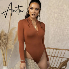 Aiertu long sleeve front zipper v neck women sexy body high stretchy basic bodysuit Aiertu