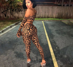 Aiertu Long Sleeve Leopard Print Bandage Hollow Out Tshirt Leggings 2 Pieces Set Autumn Winter Women Sexy Tracksuit Aiertu