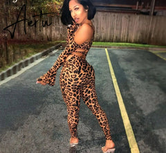 Aiertu Long Sleeve Leopard Print Bandage Hollow Out Tshirt Leggings 2 Pieces Set Autumn Winter Women Sexy Tracksuit Aiertu