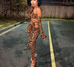 Aiertu Long Sleeve Leopard Print Bandage Hollow Out Tshirt Leggings 2 Pieces Set Autumn Winter Women Sexy Tracksuit Aiertu