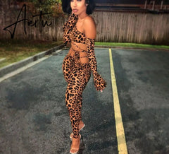 Aiertu Long Sleeve Leopard Print Bandage Hollow Out Tshirt Leggings 2 Pieces Set Autumn Winter Women Sexy Tracksuit Aiertu
