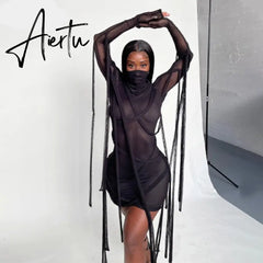 Aiertu Long Sleeve Mesh See-Through Bandage Sexy Mini Dress Summer Women Streetwear Outfits Y2K Chic Party Club Clothing Aiertu
