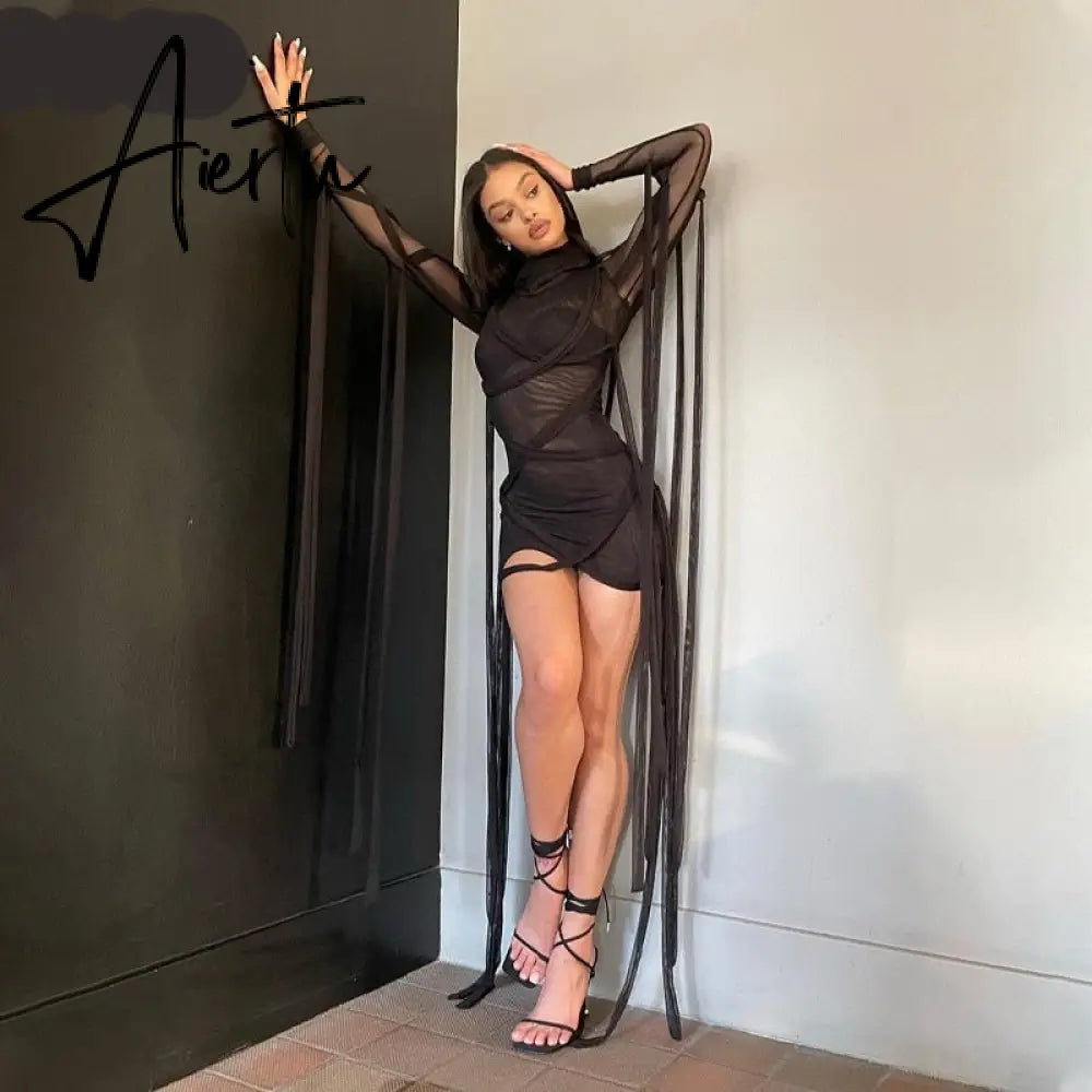Aiertu Long Sleeve Mesh See-Through Bandage Sexy Mini Dress Summer Women Streetwear Outfits Y2K Chic Party Club Clothing Aiertu