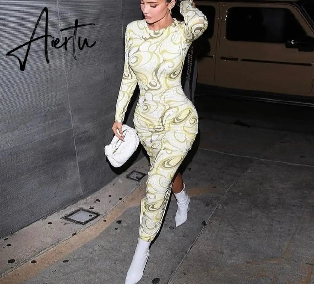 Aiertu Long Sleeve O-Neck Bodycon Asymmetric Dress Summer Women Fashion Streetwear Club Clothing Aiertu
