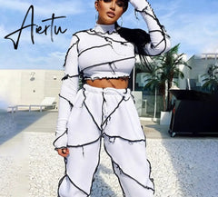 Aiertu Long Sleeve Patchwork Turtleneck Tashirt Top Pants 2 Pieces Set Autumn Winter Women Casual Tracksuit Aiertu